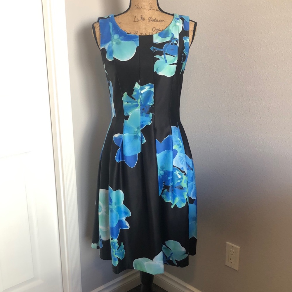 NWT-Calvin Klein Black and Blue Floral Midi Dress. Never worn and brand new!